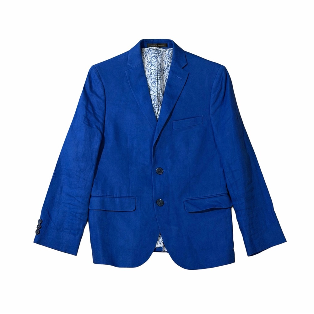 Ralph Lauren Blue Solid Linen Blazer with Elbow Patches